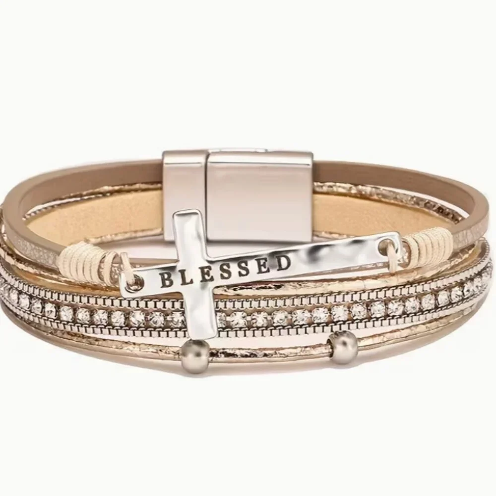 Rhinestone Blessed Cross Bracelet Magnetic Closure Vegan Woman's Gifts Boho NWT